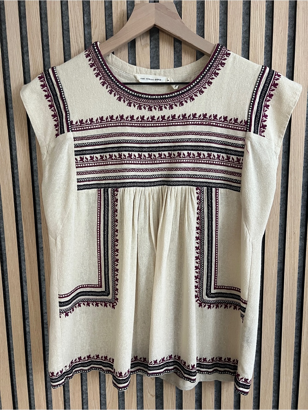 Isabel Marant Etoile Dumas Embroidered Silk top- Ecru and Burgandy - FR 34 /US S